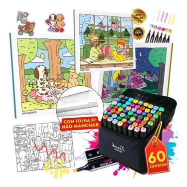 Imagem de Kit Livro de Colorir 60 Cores Canetinha Touch Ponta Dupla Marcador, RO
