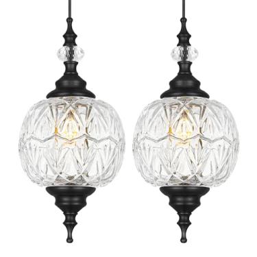 Imagem de Pacote com 2 luzes pendentes Kitchen Island, preto vintage com sombra de vidro destacável, luz de suspensão ajustável para iluminação de ilha de cozinha, banheiro, casa de fazenda, base G9 (lâmpadas