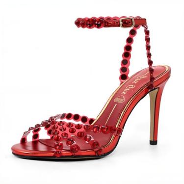 Imagem de GPXGPX Sandálias femininas de strass de salto alto com fivela de tiras transparentes, salto alto, bico redondo, sandálias elegantes e sexy, Vermelho, 41
