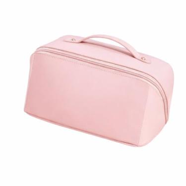 Imagem de Necessaire Organizadora de Maquiagem Feminina para Viagem, Couro PU, Espaçosa e Resistente, 23x13x14cm (Rosa)