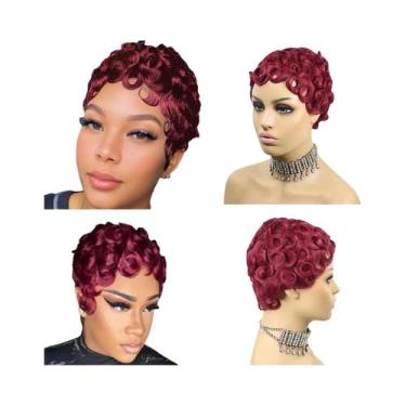 Imagem de Peruca Pixie Cacheada Preta Natural Para Mulheres, Cabelo Humano Remy 