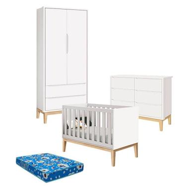 Imagem de Quarto De Bebê 2 Portas E Cômoda 6 Gavetas New Classic Branco Com Pés Madeira Natural E Colchão Ortobom - Reller