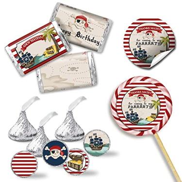 Imagem de Kit de adesivos de festa de aniversário do mapa do tesouro pirata 429 peças!!! Inclui 60 adesivos de 2 círculos para lembrancinhas e sacolas de brindes, 45 mini embalagens de barra de doces e 324