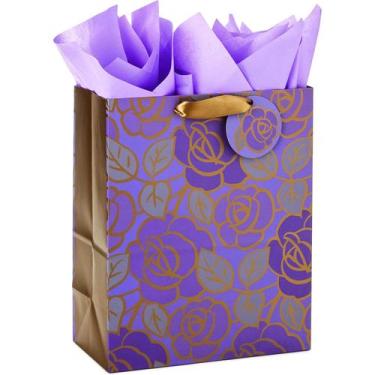 Imagem de Saco de presente: papel roxo, floral brilhante, 33x26x14cm, pacote com