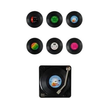 Imagem de Conjunto De 6 Porta-Copos De Vinil Vintage Com Suporte Para Toca-Disco
