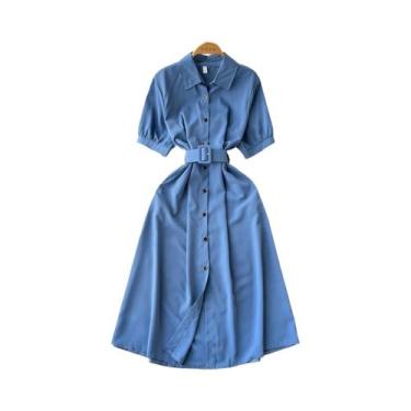 Imagem de Vestido Midi Vintage De Verão Com Manga Curta E Cintura Alta Em Verde,