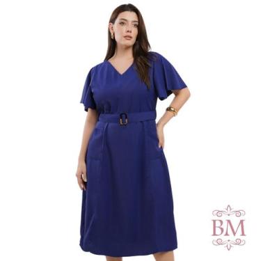 Imagem de Vestido Midi, Azul Marinho, Alfaiataria, Decote V, Bolsos Lateral, Cin