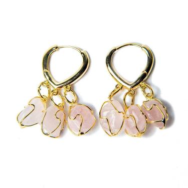 Imagem de Brinco Trio do Coração Quartzo Rosa Montagem Dourado