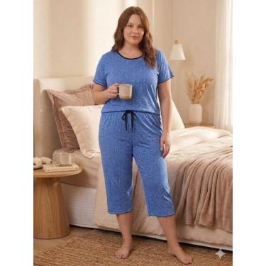 Imagem de Pijama Feminino Plus Size Suede Capri Pescador 44 Ao 54 Luxo Cor:Azul 
