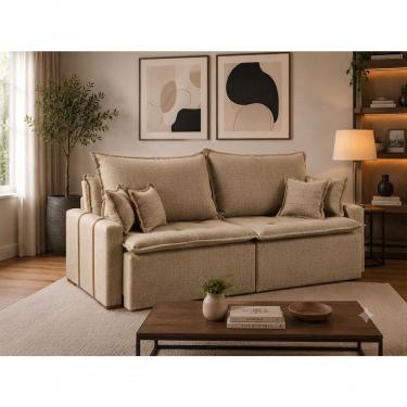 Imagem de Sofá Orfeu 2 Lugares Retrátil Cama com Chaise 220CM Bege Linho Nobly Assento Pillow D28 Soft Estrutura Eucalipto