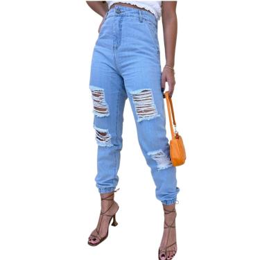 Calça Jeans Feminina Jogger Destroyed Cintura Alta Blogueira