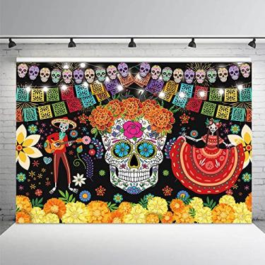 Imagem de MEHOFOND 2,1 x 1,5 m pano de fundo dia dos mortos festa mexicana Halloween caveira flores fundo aniversário calêndula decoração de festa dia de Los Muertos crânio banner mesa de bolo adereços de cabine de fotos