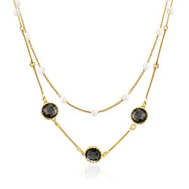 Imagem de IDOKAWA Colar para Feminin, Corrente em Camadas de Pérolas de Conchas Simuladas, Colar Longo de Zircão Duplo para Mulheres