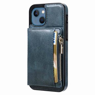 Imagem de zhouye Capa de cartão para iPhone 14/14 Pro/14 Plus/14 Pro Max, capa tipo carteira flip, à prova de choque, antiarranhões, fina, macia, TPU (poliuretano termoplástico), capa protetora traseira de couro, azul, 14 pro 6,1 polegadas