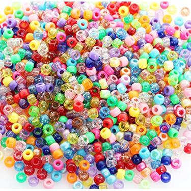 Imagem de Contas de plástico para pônei, BetterJonny 6 x 9 mm mistura multicolorida glitter transparente grande furo contas de plástico para artes artesanato trançado de cabelo decorações de joias