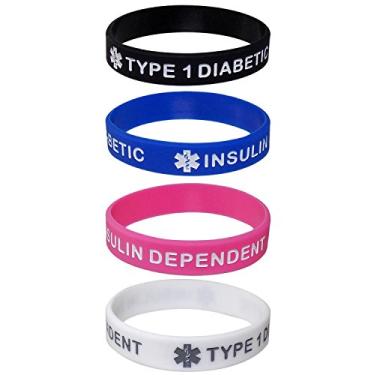 Imagem de Max Petals Pulseiras de silicone tipo 1 dependente de insulina diabética tamanho infantil (17 cm) - preto, branco, azul e rosa (pacote com 4)