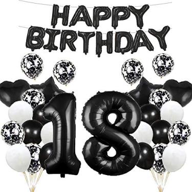 Imagem de Balão de aniversário de 18 anos decorações de aniversário de 18 anos preto 18 balões de feliz aniversário suprimentos de festa número 18 balões de mylar de folha presentes de balão de látex para meninas, meninos, mulheres, homens