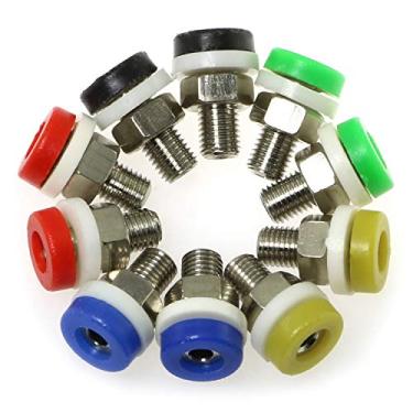 Imagem de RLECS Pacote com 10 soquetes fêmeas de plugue banana 2.0 com rosca de parafuso M4, conector de terminal de ligação pequeno conector de montagem de painel PCB 5 cores (2 peças de cada cor)