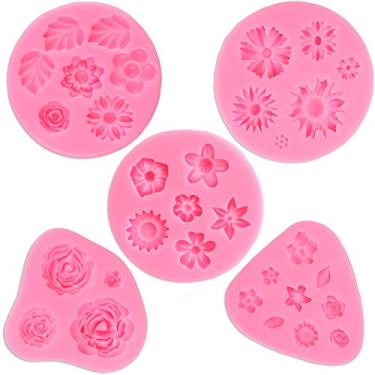 Imagem de GELIFATLE Moldes de bolo para fondant de flores, margaridas, rosa, crisântemo e pequenas flores de silicone para fondant de chocolate, projetos de artesanato e decoração de bolos (pacote com 5)