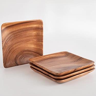 Imagem de Pratos de madeira de acácia quadrados contemporâneos (conjunto de 4): bandejas de servir jantar de madeira de estilo moderno feito à mão de 18 cm ecológicas e utensílios de jantar feitos de forma sustentável
