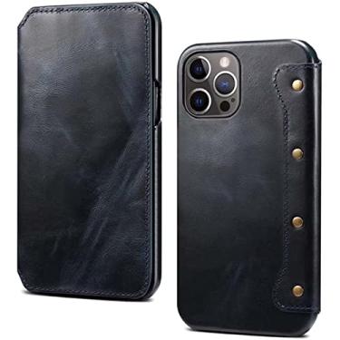 Imagem de HOUCY Capa de telefone flip de couro, para Apple iPhone 14 Pro Case 6,1 polegadas 2022 cera de óleo couro de vaca à prova de choque carteira de capa fólio [porta-cartão] (cor: azul)