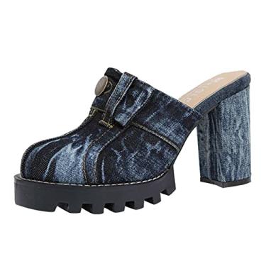 Imagem de Sandálias grossas para mulheres plataforma moda primavera e verão sandálias femininas salto alto grosso confortável bico redondo jeans cor sólida estilo casual (azul, 8)