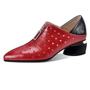 Imagem de TinaCus Sapato escarpim feminino de couro legítimo com furos respiráveis, feito à mão, com zíper frontal, salto baixo e grosso, Vermelho, 8