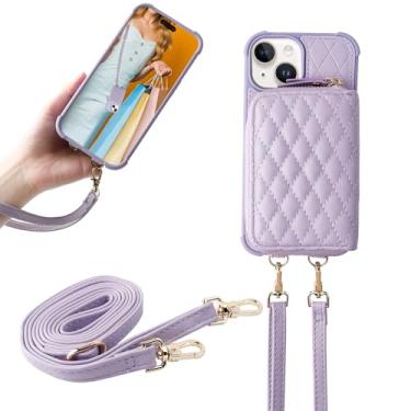 Imagem de MONASAY Capa carteira com zíper para iPhone 15, [protetor de tela] [bloqueio de RFID] capa de couro flip para celular com suporte para cartão e alça de ombro transversal 6,1 polegadas Púrpura claro
