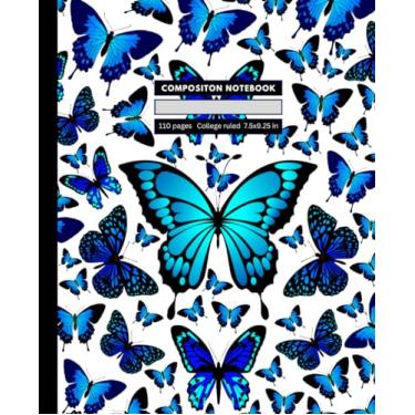 Imagem de caderno de composição borboleta 1: forro largo | 110 páginas | 19 x 23,5 cm | Cadernos de composição de borboleta azul para meninas, adolescentes, mulheres que amam borboletas
