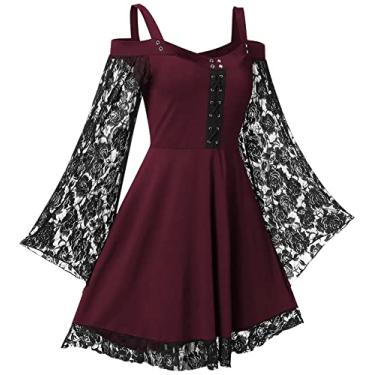 Imagem de Vestido gótico renascentista para mulheres, tomara que caia, renda, manga trompete, vestido medieval steampunk, fantasia de Halloween, Vermelho, 5X-Large