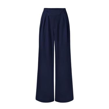 Imagem de MEROKEETY Calça feminina de perna larga cintura alta reta longa trabalho negócios casual calças com bolsos, Azul marino, GG