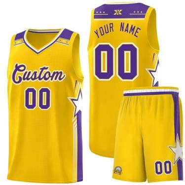 Imagem de Camiseta de basquete personalizada com logotipo de número de nome, regata e shorts estampados personalizados para homens mulheres jovens, 35. amarelo/roxo, One Size
