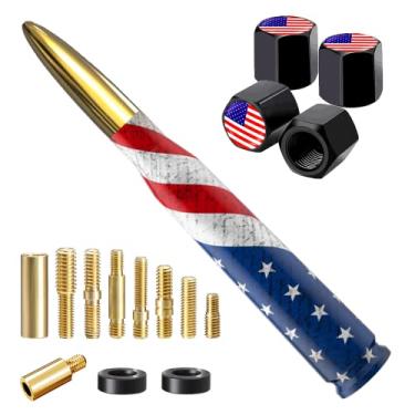 Imagem de Antena Bala de Carro com Bandeira Americana com Tampas de Haste de Válvula, Mastro de Antena Universal para GM Chevy Silverado 1500 2500 3500 HD Avalanche Ford F150 F250 F350 Acessórios para Caminhonete Jeep (Dourado)