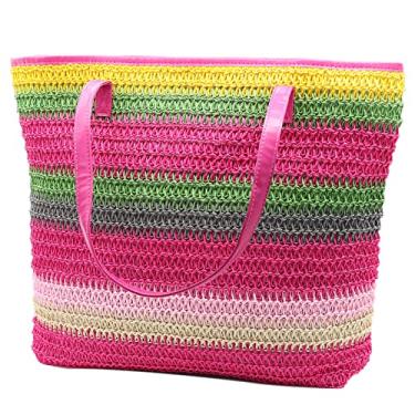 Imagem de Bolsa sacola de palha grande para mulheres Rattan Woven Beach Bag Summer Colorful Stripe Shoulder Bags, Bolsa de palha listrada colorida fúcsia, Large