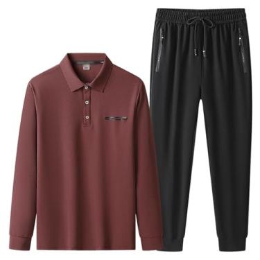 Imagem de Conjunto de 2 peças de agasalho masculino, camiseta polo de manga comprida e calça casual, respirável, adequado para a pele, Vinho tinto, Medium