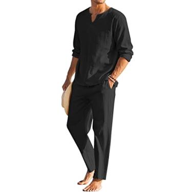 Imagem de COOFANDY Conjunto masculino de 2 peças de algodão e linho Henley camisa manga longa e calça de praia casual roupas de ioga de verão, Preto, 4G