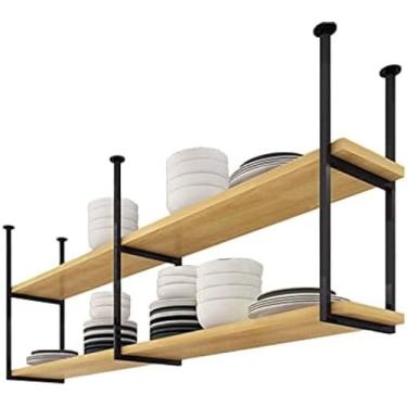 Imagem de Prateleira suspensa de teto para panelas Prateleira de armazenamento de cozinha, prateleiras flutuantes de madeira de 2 camadas com decorações de estrutura de ferro de metal Prateleiras de e