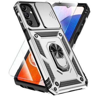 Imagem de SunStory Capa para Samsung Galaxy A15 5G com protetor de tela HD, capa de câmera deslizante, suporte magnético rotativo de 360°, grau militar, prata