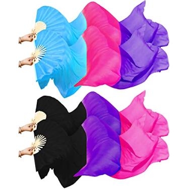 Imagem de Qunclay 2 pares de leques de seda artificial para dança do ventre de bambu, véus de dança nacional de véus de seda artificial, leques longos e dobráveis de seda para dança (cor viva)