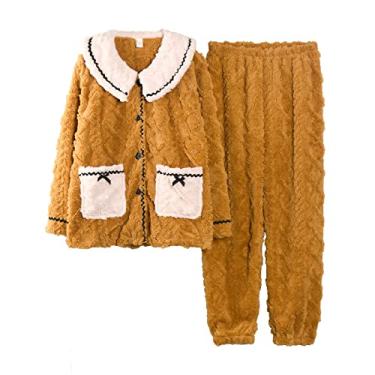 Imagem de LUBOSE Pijama feminino macio de manga comprida outono inverno pijama feminino pijama de lã coral quente pijama de flanela engrossada conjunto de 2 peças, Amarelo, XXG