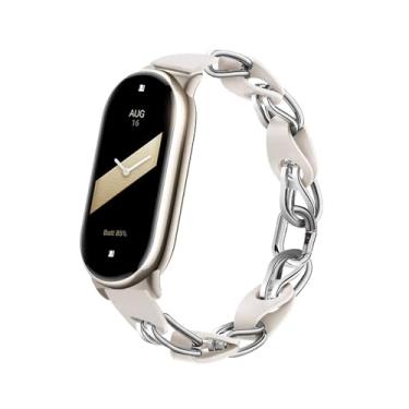 Imagem de XIHAMA Pulseira de substituição compatível com Xiaomi Mi Band 8, design a céu aberto, pulseira de couro Mi band 9, respirável, elegante, pulseira de substituição para mulheres (branco prata)