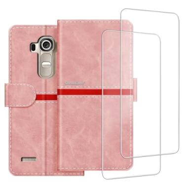 Imagem de ESACMOT Capa de celular compatível com LG G4 + [2 unidades] película protetora de tela de vidro, capa protetora magnética de couro premium para LG G4 (5,5 polegadas) rosa