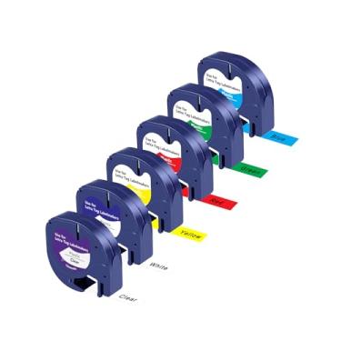 Imagem de Pacote com 6 fitas de substituição compatíveis para Dymo LetraTag Enchimentos de plástico colorido 16952 91331 91332 91333 91334 91335, branco claro, amarelo, vermelho, verde, azul 12 mm x 4 m para Dymo Label Maker LT-100H LT-100T