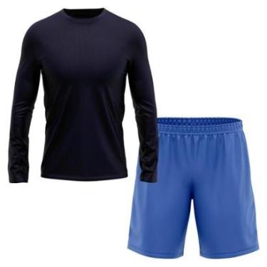 Imagem de Kit Short Azul + Camiseta Masculina Manga Longa Segunda Pele Esporte Treino-Masculino