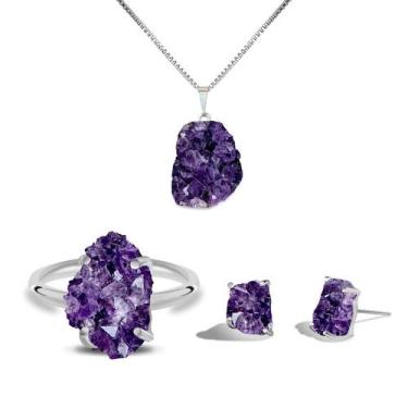 Imagem de Conjunto Natura Druza de Ametista - Cristal Natural, Banho Ouro 18k