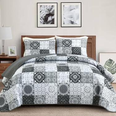 Imagem de Conjunto de colcha cinza e preta, tamanho Queen, boêmio, xadrez, patchwork, conjunto de 3 peças, macio, leve, microfibra, fazenda, conjunto de cama para todas as estações, 244 x 228 cm