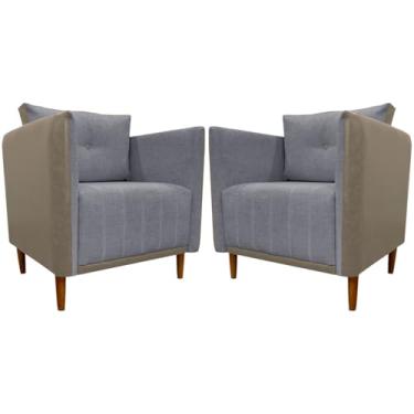 Imagem de Kit 2 Poltronas Decorativas Para Sala e Recepção Aviv Corino Caramelo e Linho Premium Cinza