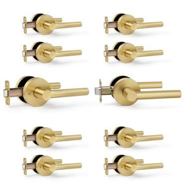 Imagem de LOQRON Maçaneta de porta dourada escovada sem trava, design redondo, sem trava, resistente, com acabamento em latão acetinado, pacote com 10 reversíveis para canhoto/direito para corredor e porta de