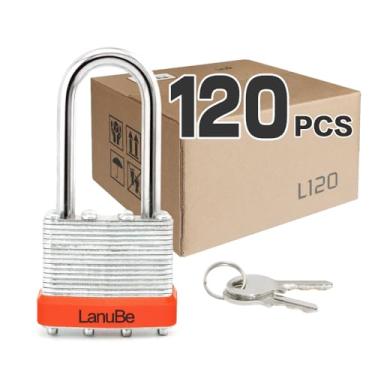 Imagem de LanuBe Cadeado com chave laminada (1-9/40.6 cm, 40 mm), fechaduras semelhantes com chave, manilha longa, aro de plástico laranja marcado, pacote com 120