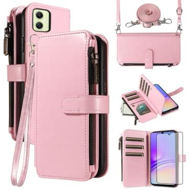 Imagem de Asuwish Capa de telefone para Samsung Galaxy A05 com protetor de tela de vidro temperado e cordão com zíper carteira suporte para cartão suporte móvel acessórios de celular de couro Ao5 A 05 mulheres